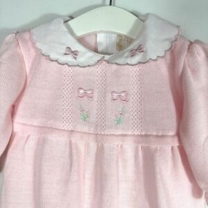 Savannah Baby Pink Knit Footed Romper Embroidered Peter Pan Collar 3 Months